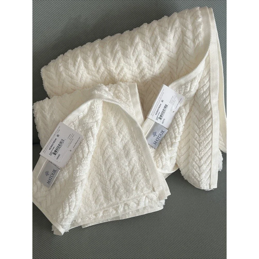 Matouk Bath & Hand Towel Set New Loose Braid Pattern Cotton Bone Set of Two New